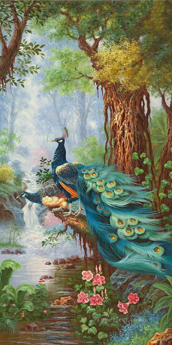 花の森の孔雀 花の木 鳥油絵